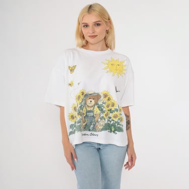 Vintage Floral Teddy Bear Shirt 90s Carolina Colors Butterfly Tee Sunflower Shirt Short Sleeve TShirt 1990s Garden Shirt Celestial Large OS 