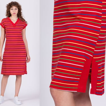 80s Red Striped T Shirt Dress - Small | Vintage V Neck Retro Loungewear Midi Dress 