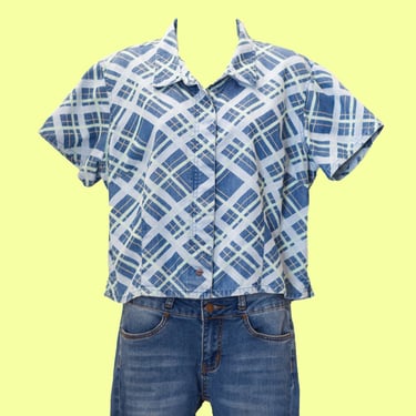 Vintage 1980s Cropped Blouse | Liz Claiborne Blue Plaid Shirt | Medium | 12 