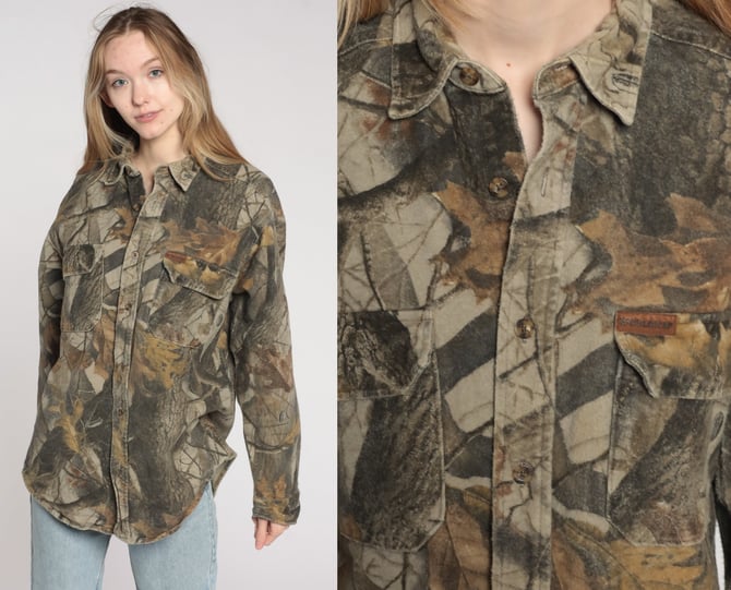 Hunting Shirt Leaf Print Camo Shirt Camouflage Utility Military Brown Tan Hunting Commando Cargo Field Button Up Men's Large 