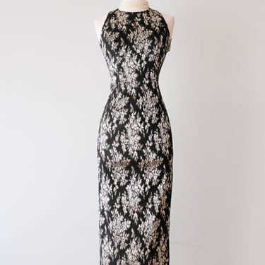 Divine 1990's Black & Silver Brocade Evening Gown / Sz S