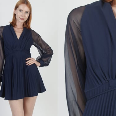 Low Cut Grecian Goddess Mini Dress, Vintage 70s Sheer Sleeve Disco, Navy Blue Cocktail Party 