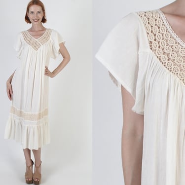 Cream Cotton Gauze Dress / Vintage 80s Plain Crochet Beach Cover / Lightweight Thin Pool Sundress / Sheer Low Cut Mexican Midi 