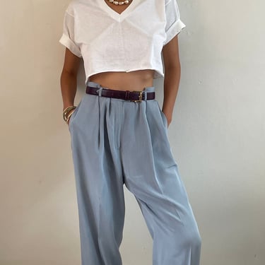 31 silk pants / vintage light baby blue matte silk crepe pleated high waisted baggy wide cuffed leg pants | size 31 