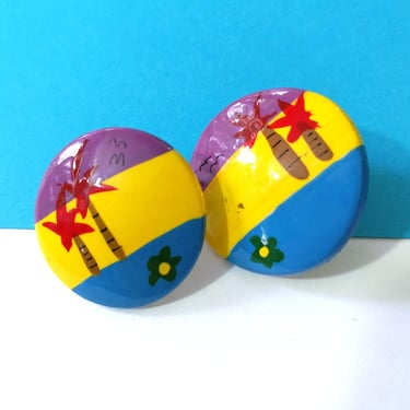 Vintage 80s 90s Colorful Tropical Landscape Hand-Painted Round Earrings 