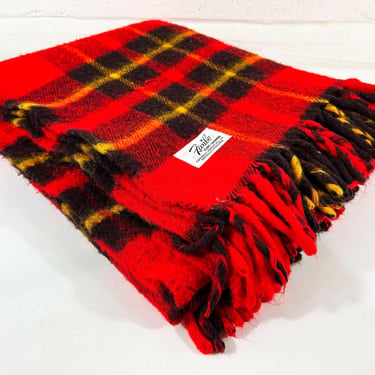 Vintage Red Plaid Blanket Throw Twin Peaks Kitschy Cabin Rustic Lodge Christmas Fringe 1950s 50s Farbio Faribault Woolen Mill Minnesota 