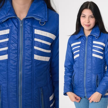 Vintage Blue Ski Jacket 80s White Striped Puffer Jacket Retro Puffy Coat Winter Jacket Puff Zip Up Sporty 1980s Extra Small xs 