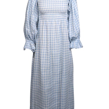 Sleeper - Light Blue &amp; White Gingham Linen Balloon Sleeve Dress Sz XS