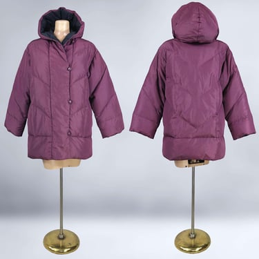 VINTAGE 80s Down Filled Puffer Coat by The Company Store Sz 10 | 1980s Burgundy Hooded Winter Jacket | VFG 