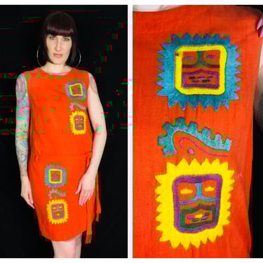 Vintage 1960's Colorful Geometric Embroidered Tribal Mask Orange Cotton Linen Shift Dress - size Medium 