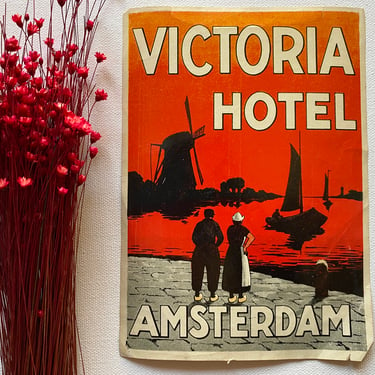 30's Vintage Suitcase Decal Victoria Hotel, Amsterdam Gummed Label, Authentic, World Traveler, Original Unused Suitcase Sticker, Luggage 