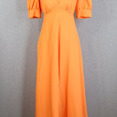 1970s 70s Orange Maxi Dress - Puff Sleeve - Peter Pan Collar - Empire Waist 