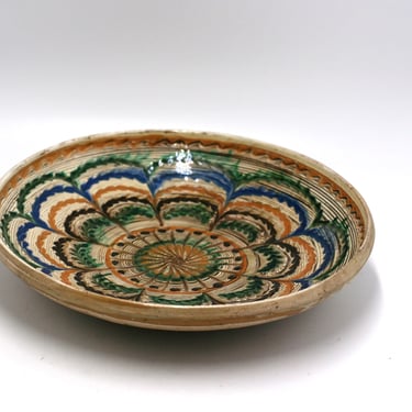 vintage redware bowl with multi color glaze artist signed 