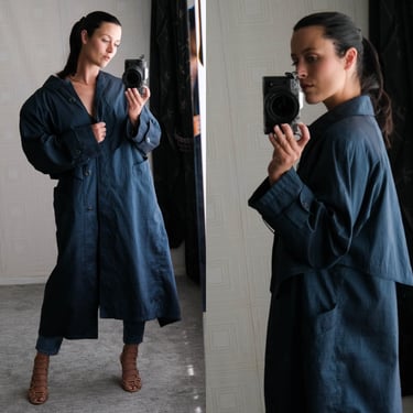 Vintage 80s Jones New York Dark Teal Iridescent Avant Garde Rain Overcoat w/ Removable Wool Lining | Made in USA | 1980s Designer Jacket 