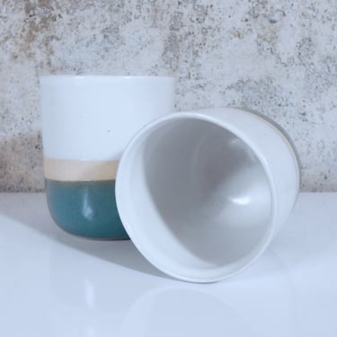Pair of Teal-Blue on Beige Bennington Potters Teacups Designed by David Gil - Bennington Vermont 