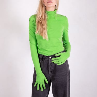 RARE Jean Paul Gaultier Maille 1990s Chartreuse Green Turtleneck with Built in Gloves JPG Y2K Minimal Tattoo Avant Garde Slime Lime 