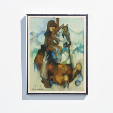 Vintage Diana Denslow Original Oil Painting of Little Girl on Carousel Horse // Artist Signed 