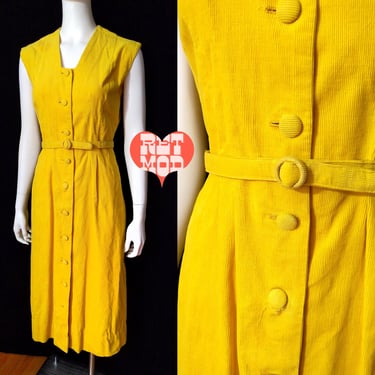 Unique Vintage 40s 50s 60s Yellow Corduroy Wiggle Dress with Matching Belt 