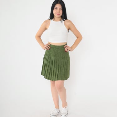 Vintage 60s Wool Mini Skirt Olive Green Flecked Buckle Kilt School Girl Skirt High Waist Preppy Retro Lolita 1960s 2xs xxs 