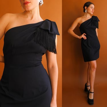 Vintage 80s One Shoulder Fringe Black Mini Dress/ 1980s Party Dress/ Size Medium 