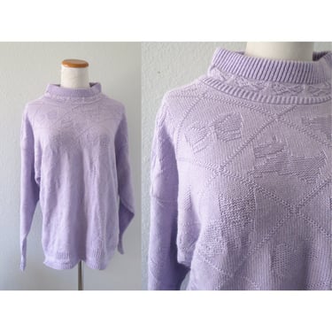 Vintage Pastel Kawaii Sweater - 80s Purple Knit Pullover - Hearts Bows Cats Ducks Dogs - Size Large 