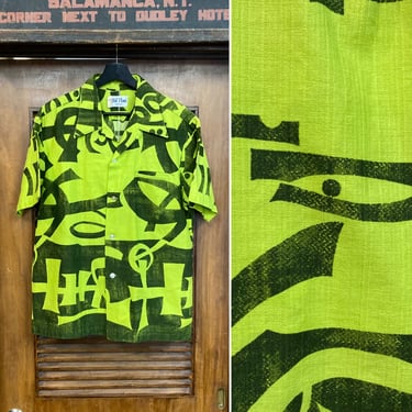 Vintage 1960’s Neon Green Mod Tiki Tribal Cotton Barkcloth Loop Collar Hawaiian Shirt, 60’s Vintage Clothing 