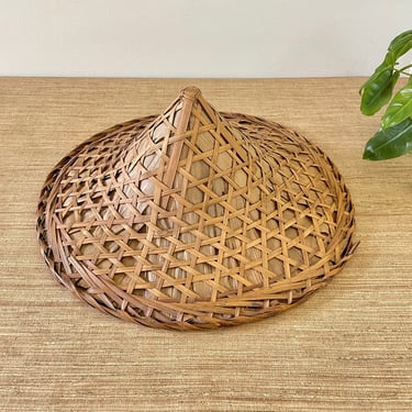 Vintage Asian Woven Bamboo Pagoda Hat - Conical Shape - Rice Farmer Paddy Hat 