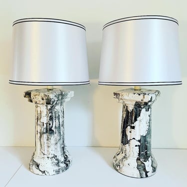 Mid Century Monumental Marbled Column Lamps & Shades - a Pair 