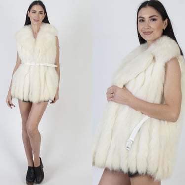 80s Natural Arctic Fox Vest, Plush Real Fur Shawl Collar, Vintage Womens White Ski Jacket 