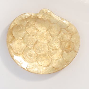 Vintage Golden Capiz Mother of Pearl Shell Plate Platter Jewellery Serving Tray Mid Century Modern Shimmer Iridescent Philippines Scallop 