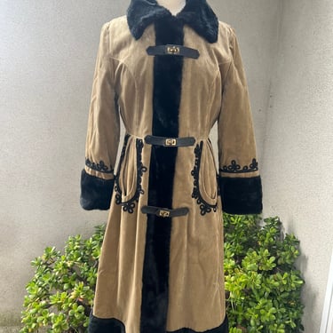 Vintage 60s bohemian coat tan faux suede/velveteen black faux fur & leather S/M 