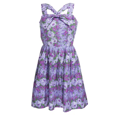 1950s Kay Whitney Purple Floral Cross Neck Dress