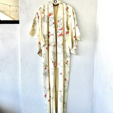 Vintage Japanese Floral Kimono Boho Cardigan // Cherry Blossom Water White Blue Asian Robe 