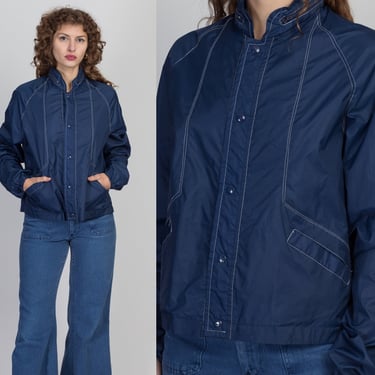 80s Navy Blue Contrast Stitch Windbreaker - Large  | Vintage Zip Up Hidden Hood Retro Unisex Jacket 