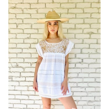 Oaxacan Mini Dress // vintage cotton boho hippie Mexican hand embroidered dress hippy blouse tunic white 70s 1970s // S/M 