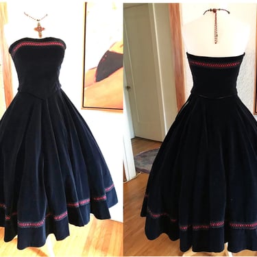 Lush Vintage 1950's Black VelvetTwo Piece Cocktail Party Dress with Spanish  styling and  Red Satin Trim -- size small 
