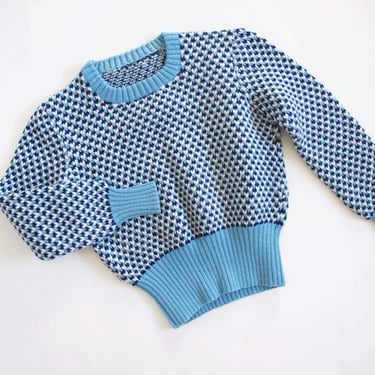 Vintage 50s Knit Womens Sweater XS S - 1950s Blue Checkered Knit Pullover Jumper - Wide Ribbed Waistband - Pin Up Rockabilly Clothing 