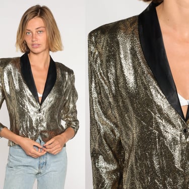 Metallic Gold Blazer 80s Cropped Jacket Disco Party Cocktail Boho Hipster Formal Sparkly Retro Glam Glitter Crop Coat Vintage 1980s Small S 