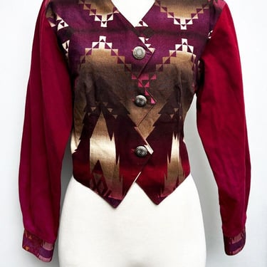 1980s CircleT Western Jacket Shirt Blouse Maroon Vintage Southwest Red Print MEDIUM Maroon Purple Aztec Indian Print 