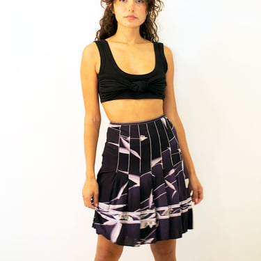 Vintage Leonard of Paris 1970s Floral Pleated Silk Jersey Skirt S M Psychedelic 70s 60s Style Pucci Black Purple 