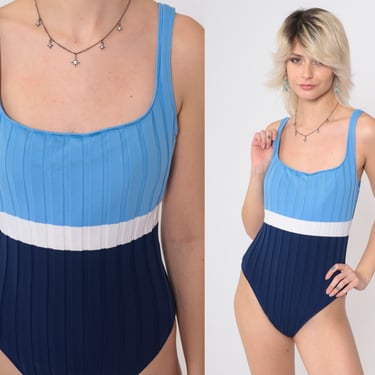 Color Block Bathing Suit 90s Tonal Blue Striped One Piece Swim Suit Ribbed Swimsuit Low Back Vintage 1990s Retro Small S 
