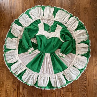 70s Green and White Square dance Dress / Sweetheart Neck Prairie Dress / Rockabilly Dress / Full Skirt Dress / size M 