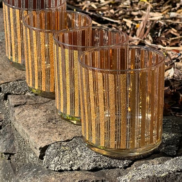 Mid Century Whiskey Glasses Barware Gold Stripes 