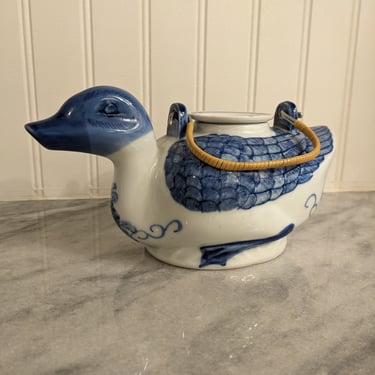 Vintage Hand Painted White and Blue Chinese Ceramic Duck Teapot Bamboo Handle 
