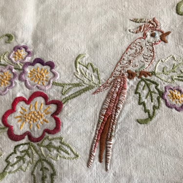 French Linen Shelf Edging, Runner, Embroidered Parrot Birds, Floral, Heirloom Table Linens 