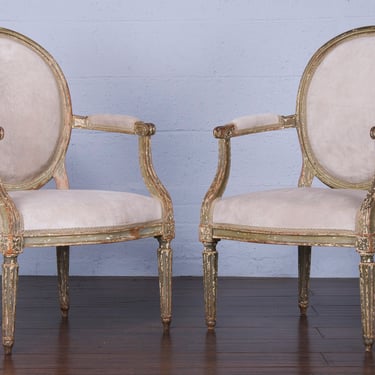 Antique French Louis XVI Style Painted Green Armchairs W/ Beige Velvet - A Pair 