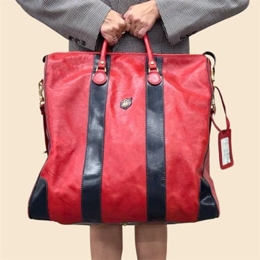 Vintage Carry On Bag Retro 1970s La Benci + Mid Century Modern + Genuine Leather + XL Size + Red + Black + Overnight + MCM + Travel Luggage 