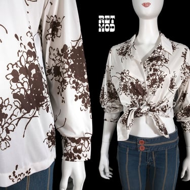 Lovely Vintage 60s 70s White Brown Floral Long Sleeve Collared Button Down Shirt 