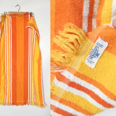 Vintage 70s Set Of 2 Cannon Orange Striped Cotton Bath Towels 