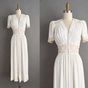 vintage 1940s Dress | Rare Vintage Ivory White Floral Lace Rayon Wedding Dress | XS -Small 